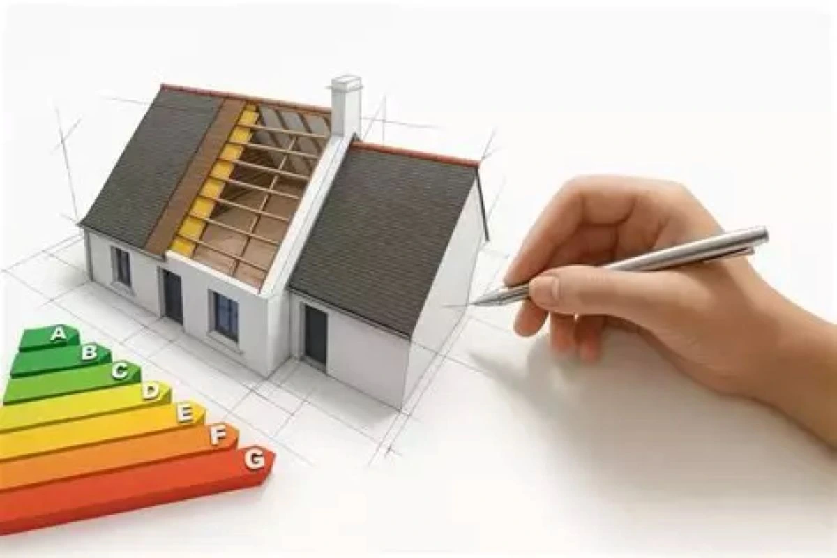 Illustration d'un bâtiment résidentiel avec des panneaux solaires sur le toit, représentant l'efficacité énergétique